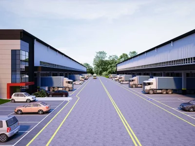 Perspectiva artística de rua de acesso para os galpões individuais, com carretas estacionadas nas respectivas docas e carros estacionados em vagas determinadas para cada galpão.