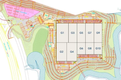 arte de implantação do condomínio de galpões, com rodovia Ayrton Senna à esquerda.