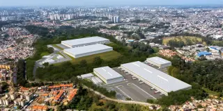 Perspectiva em modelagem 3D do GLP Taboão sobre foto aérea.