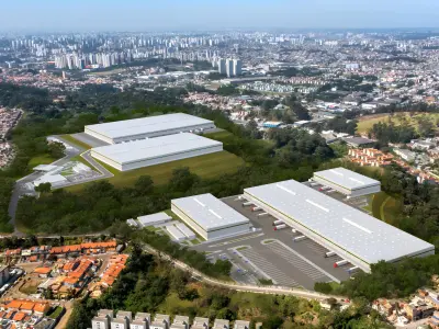 Perspectiva em modelagem 3D do GLP Taboão sobre foto aérea.